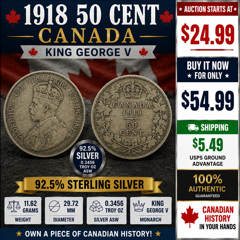 1918 Canada Silver 50 Cents Half Dollar King George V .925 Sterling Silver Coin