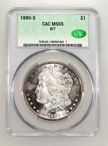 1880-S $1 8/7 MS65 CAC Grading Morgan Silver Dollar - Great Eye Appeal - Scarce