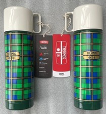 2x THERMOS REVIVAL RETRO STAINLESS STEEL VACUUM FLASK ; GREEN TARTAN BNWT