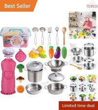 Kids Play Kitchen Set Stainless Steel Pots Pans Utensils Apron Chef Hat