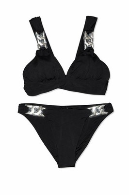 Robin Piccone Jane Black Bikini Set M Silver Hardware Luxury Designer Swim