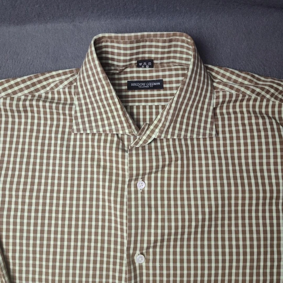 Bergdorf Goodman Shirt Mens Large Brown White Plaid Tailored Fit Italy Cotton - Image 3 of 4