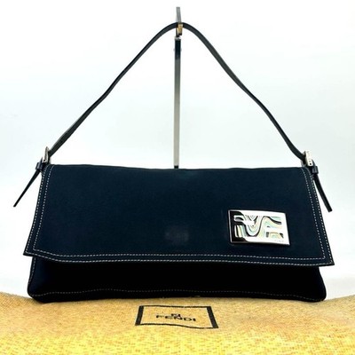 FENDI Mamma Baguette Shoulder Bag Denim Leather FF Marble Logo