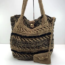 HANDMADE Crochet Tote Bag Coin Purse Large Lined Boho Grandma Core Brown Black