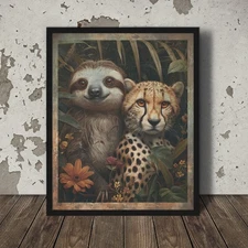 Vintage SLOTH CHEETAH Flower Wall Art, Botanical Leopard Animal Friends Decor