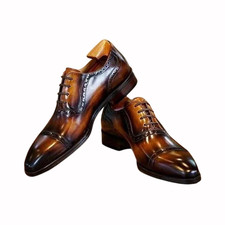 Handmade Brown Genuine Leather Cap Toe Dress Office Oxford Lace Up Shoes For Men