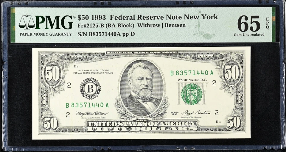 $50 1993 Federal Reserve Note New York Fr#2125-B PMG 65 EPQ - Image 2 of 3