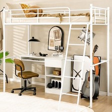 White Metal Single High Sleeper Loft Bed with Ladder for Teens Adults