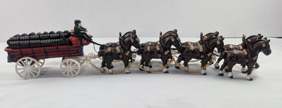 Vintage Cast Iron Clydesdale 8 Horse Beer Barrel Wagon Figurine w