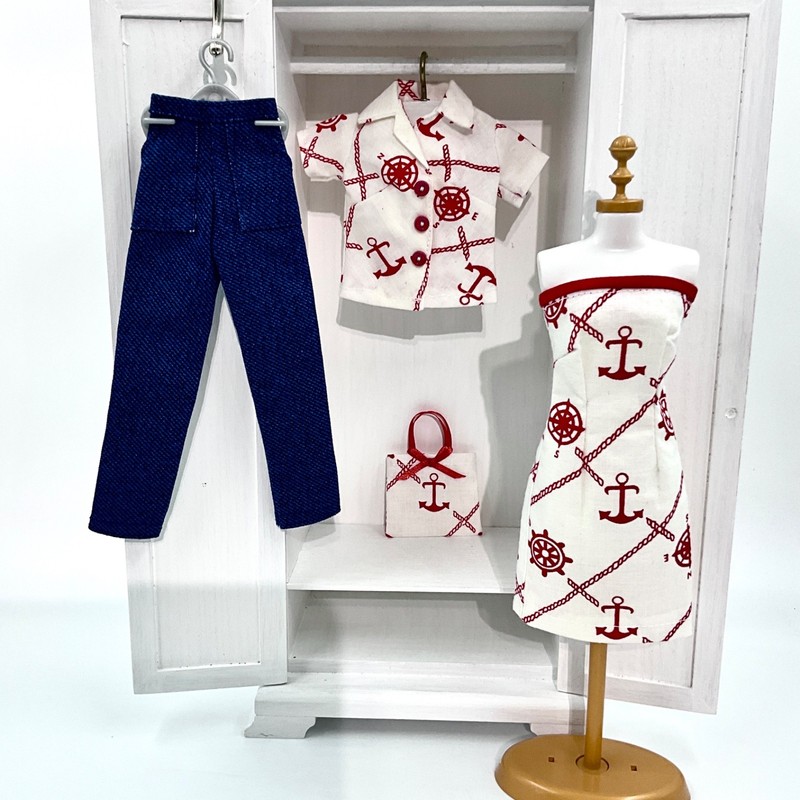 HM Nautical-Themed DRESS, Shirt, Blue Jeans, Tote For Barbie Doll