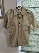 Boy Scout BSA UNIFORM SHIRT Mens  Medium Short Sleeve Tan J98 - Shrt Altered