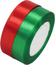 1" Wide Single Face Satin Ribbon Christmas Red 25 Yards Roll and Green 25 Yards 