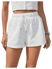 Women's Solid Drawstring High Waist Wide Leg Workout Shorts A White L