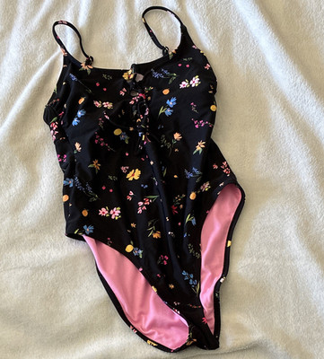 Salt + Cove Black Floral One Piece Swimsuit Pink Lined Adj Spaghetti Strap S