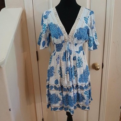 Tapaii Boho Blue White Gold Floral Smocked V-neck Mini Dress Tassels Sequins S/M