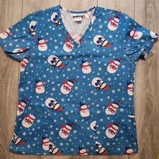 SB SNOWMAN HOLIDAY SCRUBS WOMENS SIZE MEDIUM BLUE NURSING MEDICAL BLOUSE