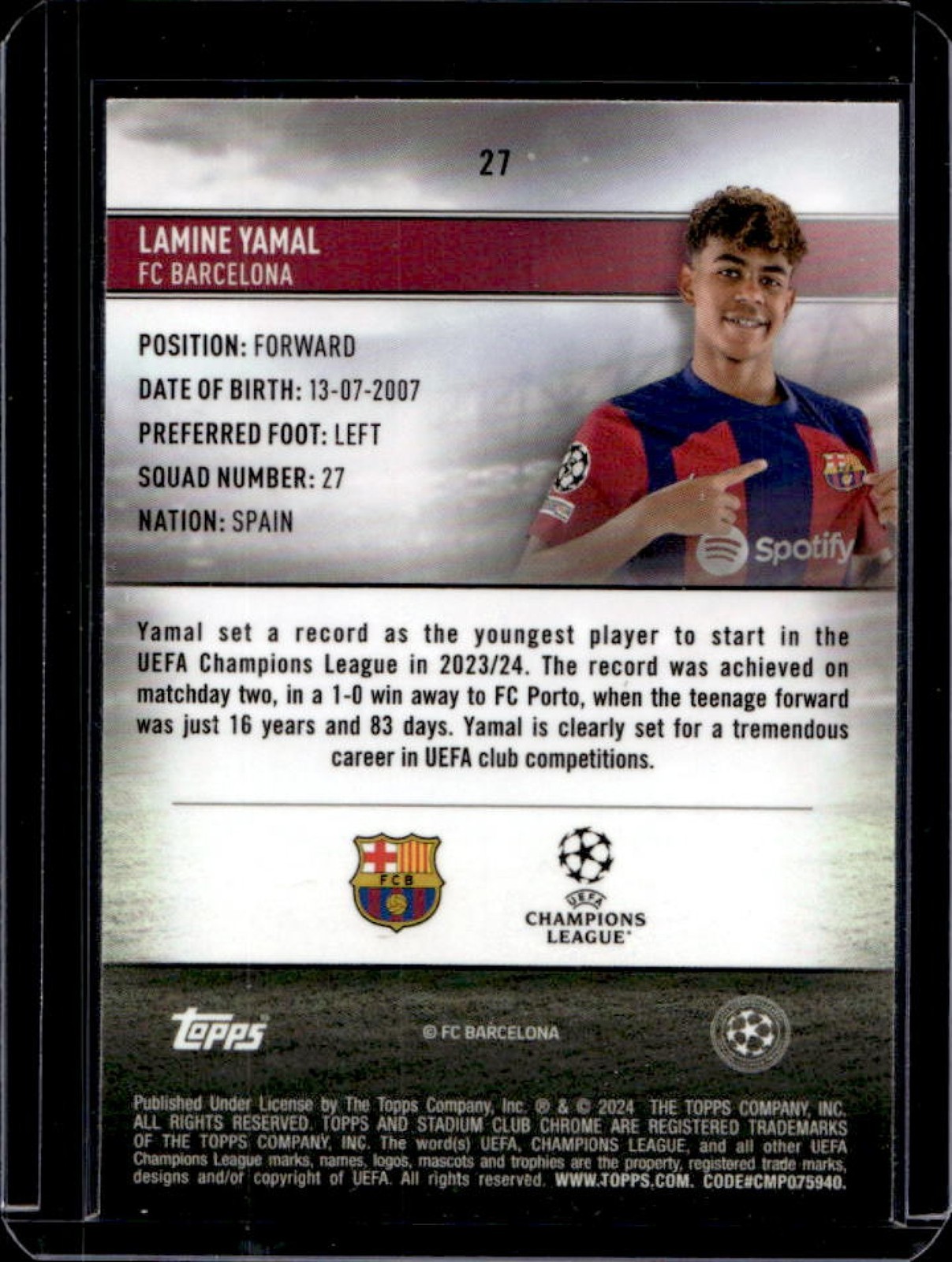 2023-24 Topps Stadium Club Chrome UEFA Lamine Yamal RC Rookie #27 Barcelona view 2