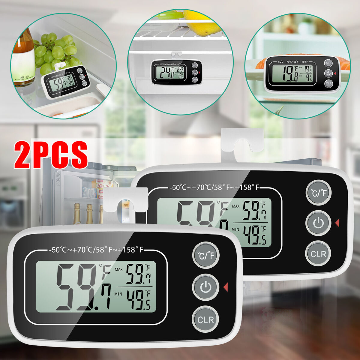 2PCS LCD Display Refrigerator Thermometer Digital Fridge Freezer Waterproof  Gift