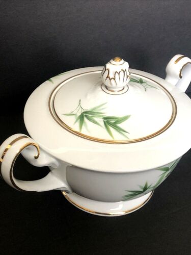 Noritake Porcelain Creamer & Sugar Bowl With Lid Bamboo Pattern Gold Trim 1538G - Picture 4 of 12