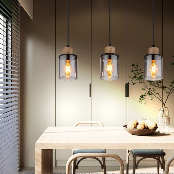 Pendellampe Pendelleuchte Esstischlampe HäNgelampe 3 Flammig Rauchglas Holz E27-image