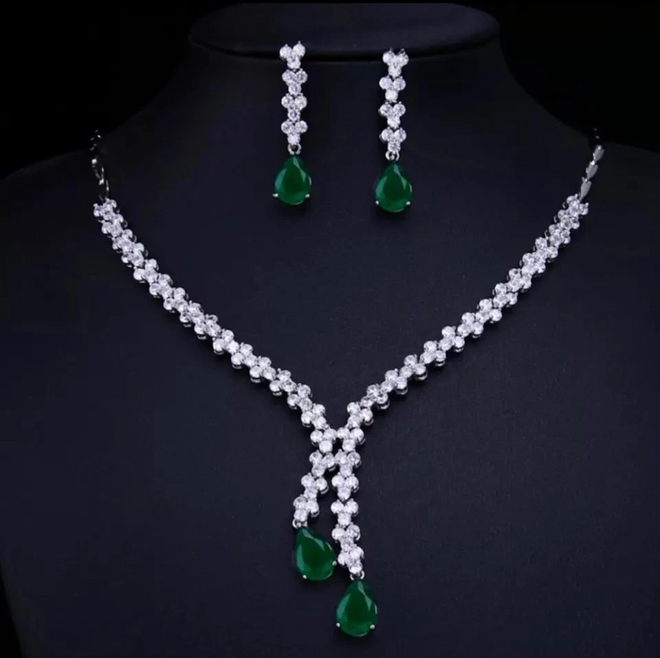 18K White Gold Plated Lab-Created Green Emerald Necklace Earrings Women Gift Set - Image 2 of 4