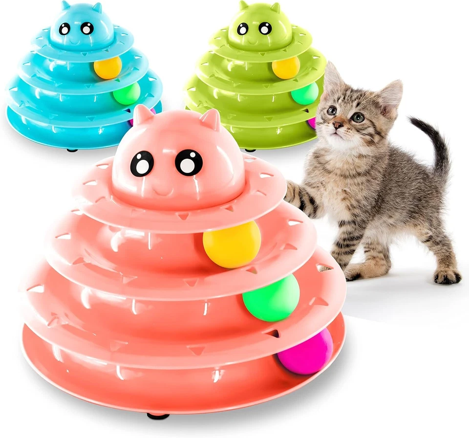 FurDreams Cat Roller Ball Toy Interactive - 3 Tier Tower Fun Cat Ball Toy