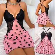 Pink Lingerie for Women Babydoll Chemise Sexy Sheer Dress Nightwear Underwear US