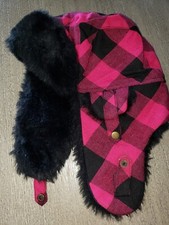 girls PINK BLACK CHECKERED TRAPPER HAT plush quilted LINING one size fits most