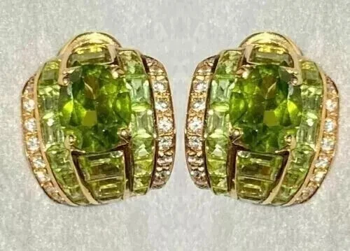 Art Deco Style Peridot 3Ct Created Huggie Hoop Earrings 14K Yellow Gold Finish - Image 3 of 4