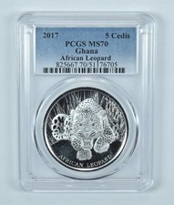 2017 Ghana 5 Cedis Silver African Leopard MS70 PCGS *7928
