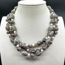Gray Marbled Beaded Multi Strand Statement Necklace White Accent Beads Chunky