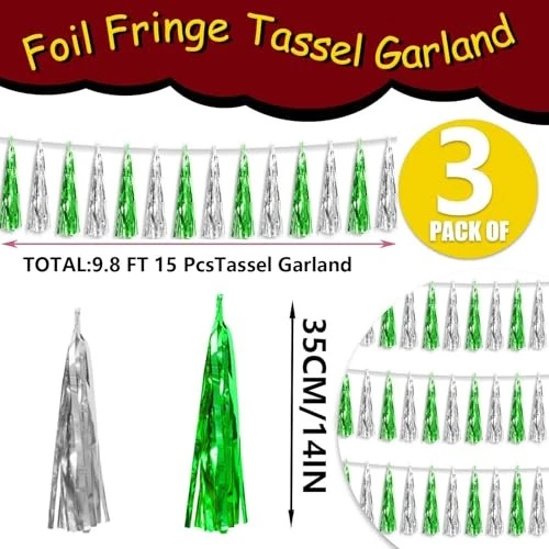 3P Metallic Fringe Tassel Banner Garland Foil Tinsel Streamer Wall Green Silver - Image 3 of 4