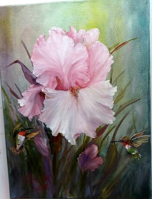 IRIS AND HUMS New 12x16 Wet Oil Floral Hummingbird Original Painting by Artist