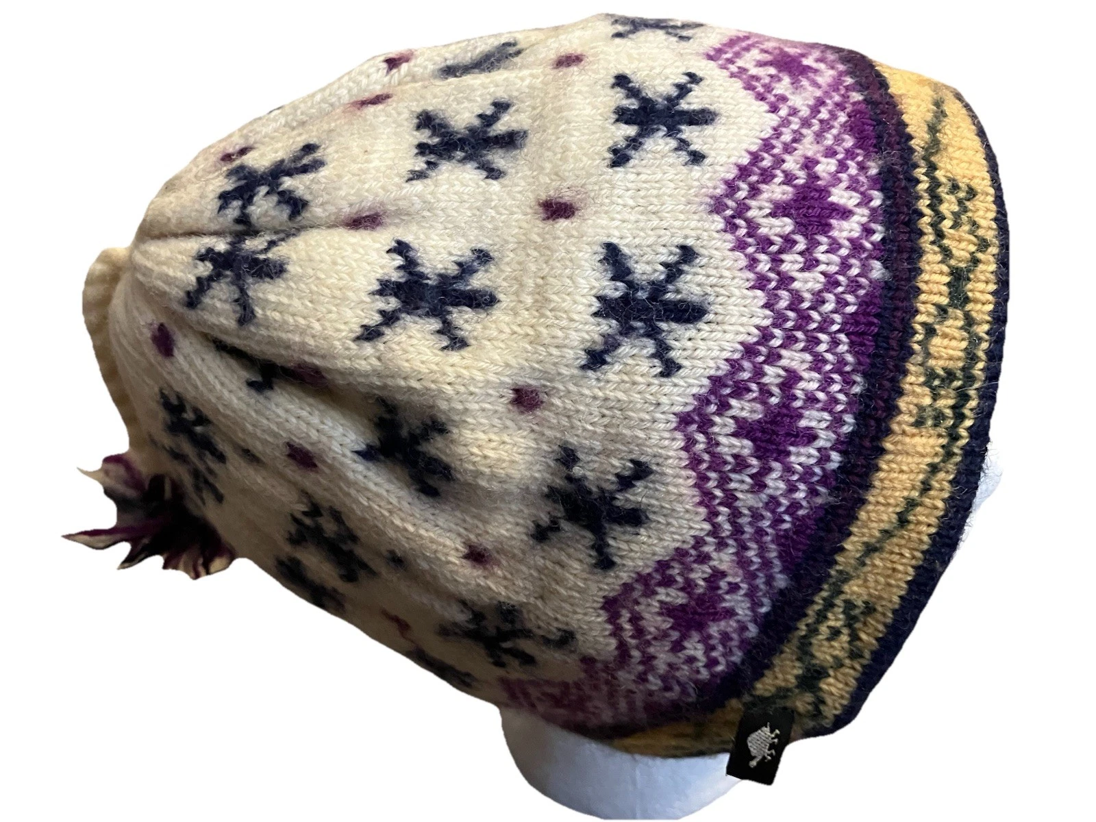 VTG Turtle Fur Knit Beanie Ski Hat Wool Fair Isle Nordic Snowflake Pom Tassel