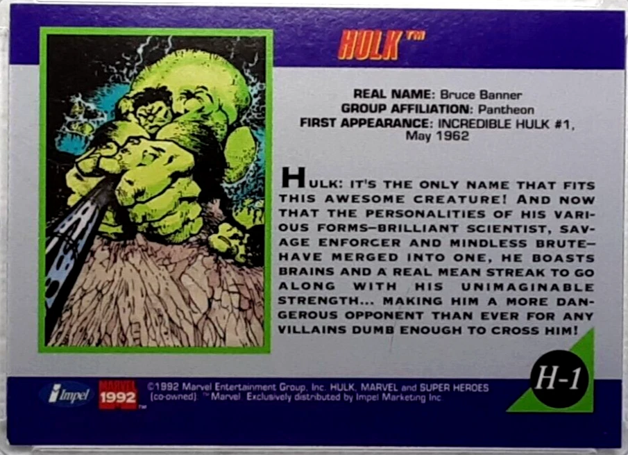 1992 Marvel Universe Hologram Card H-1 HULK. - Image 2 of 3