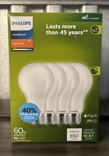 Philips Ultra Efficient 60W LED Soft White Light Bulb 4 Pack