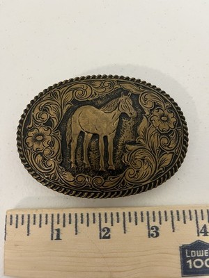 Vintage Crumrine El Arturo Bronze Western Belt Buckle Horse Cowboy Santa Ana CA