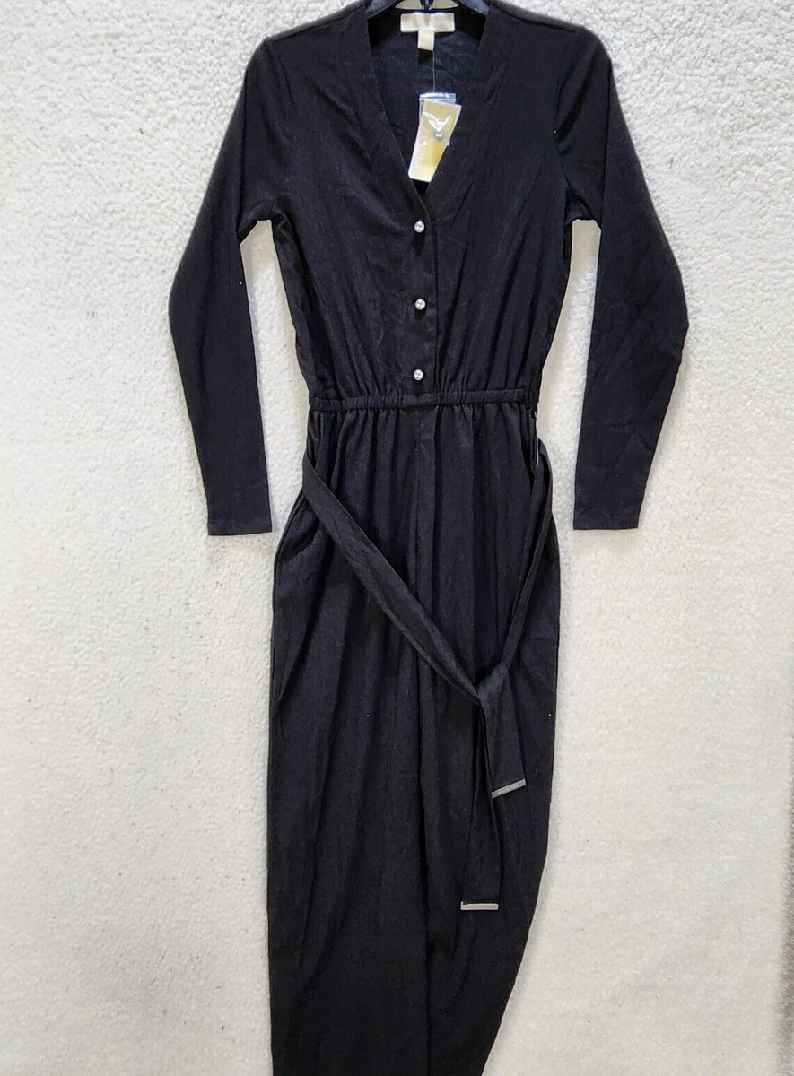 Michael Kors Button Front Jumpsuit Women s Black Belted Long