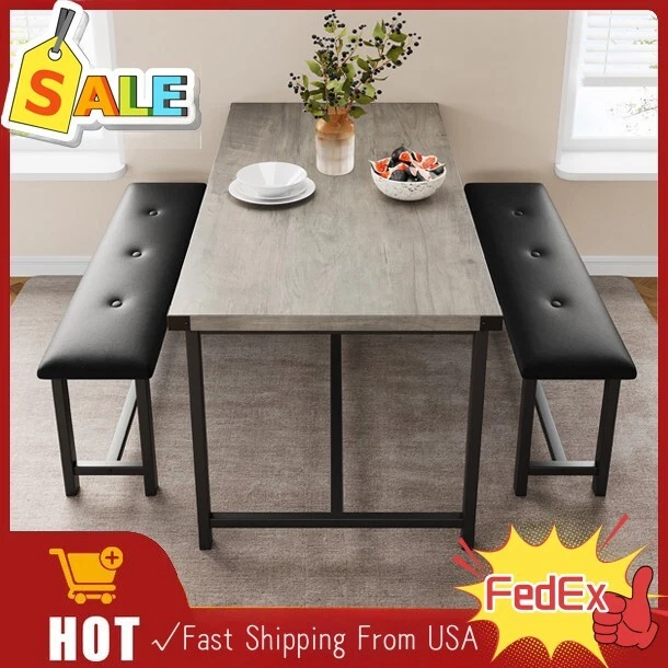 3Pcs Dining Table Set for 4 with 2 Upholstered Benches Dinette for