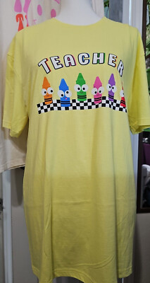 Womens Yellow Teacher T-Shirt w 7-Colors of Crayons ~ Gildan Softstyle M-XL