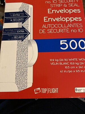 500 Count Top Flight  #10 Envelopes Strip & Seal Security Tinted White Paper
