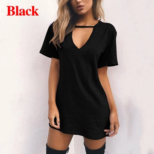 Damen T-Shirt Kleid V-Ausschnitt Sommerkleid Kurzarm Boho Strand Sommerkleid - Bild 30 von 49