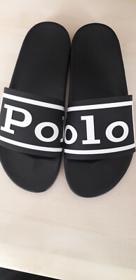 NEW WITHOUT TAGS RALPH LAUREN BLACK POLO SLIDER SLIDES SLIPPERS