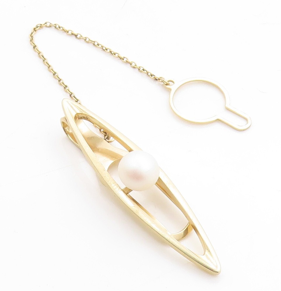 MIKIMOTO 14K GOLD Vintage Open Fresh Water Pearl Tassel Tie Clip