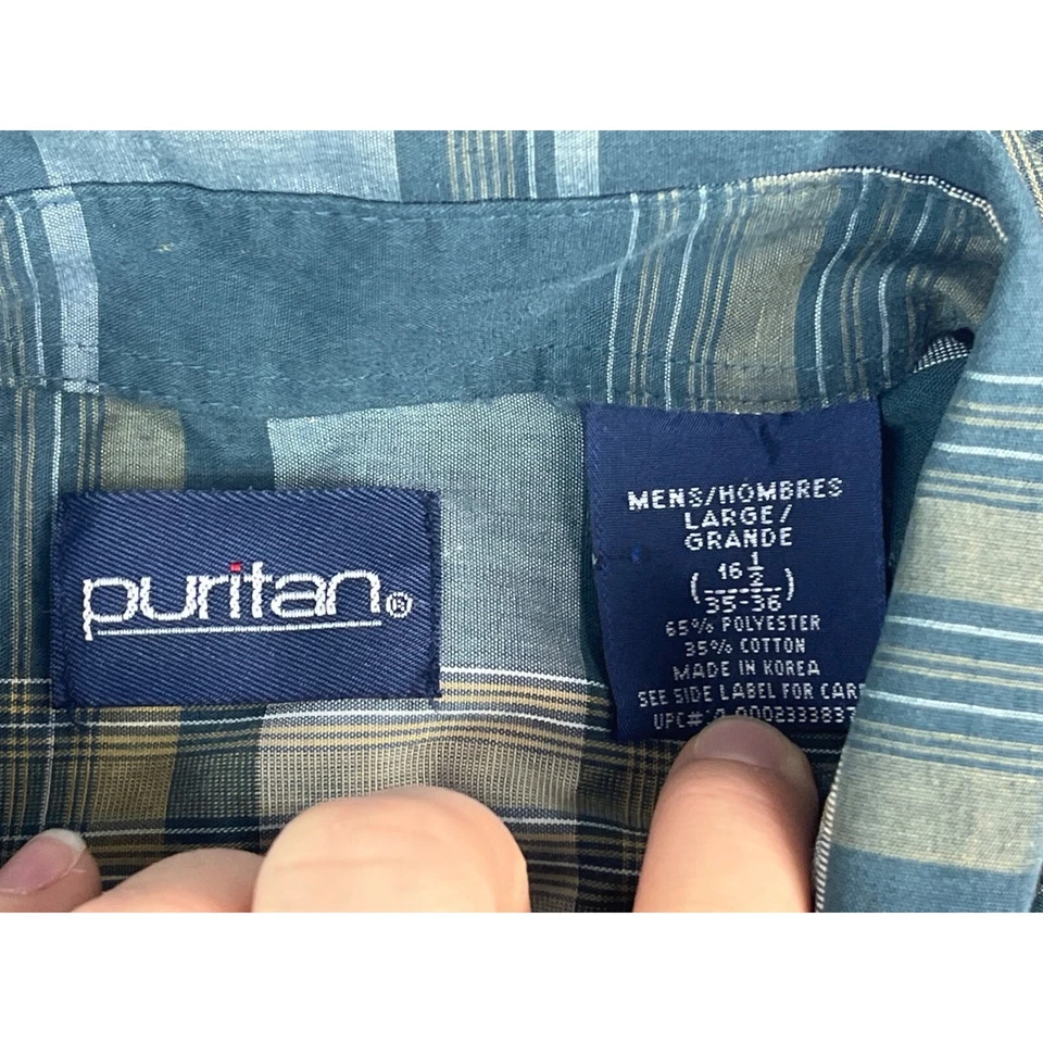 Camisa de vestir Puritan para hombre L 16,5 35-36 verde amarillo blanco a cuadros algodón poliéster Foto 3 de 4