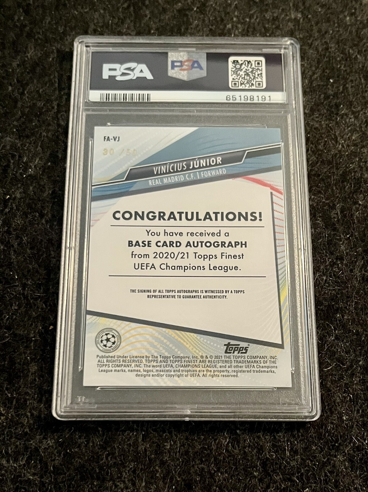 2020 VINICIUS JR Topps Finest UCL Gold Refractor /50 Auto PSA 9 MINT view 2