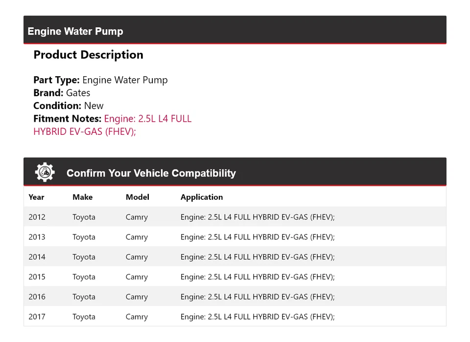 Puertas de bomba de agua para motor Toyota Camry 2012-2017 2013 2014 2015 2016 Foto 2 de 4