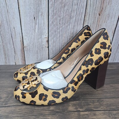 Tory Burch Leather Ocelot Leopard Calf Hair 3.5'' Pumps Womens Sz 8 M w/Logo NWOB