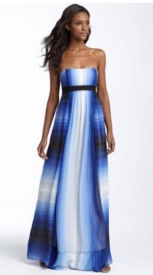 BCBG MAXAZRIA Chambra Blue Colorblock Silk Pleated Strapless Maxi Dress Sz  6  | eBay
