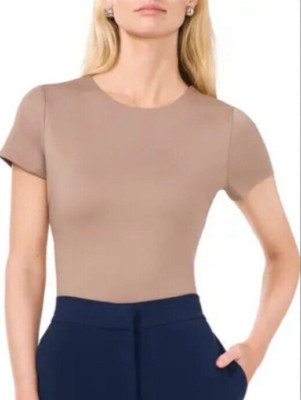 Halogen Womens Essential Compression Short Sleeve Tee Tan Large Stretch B16